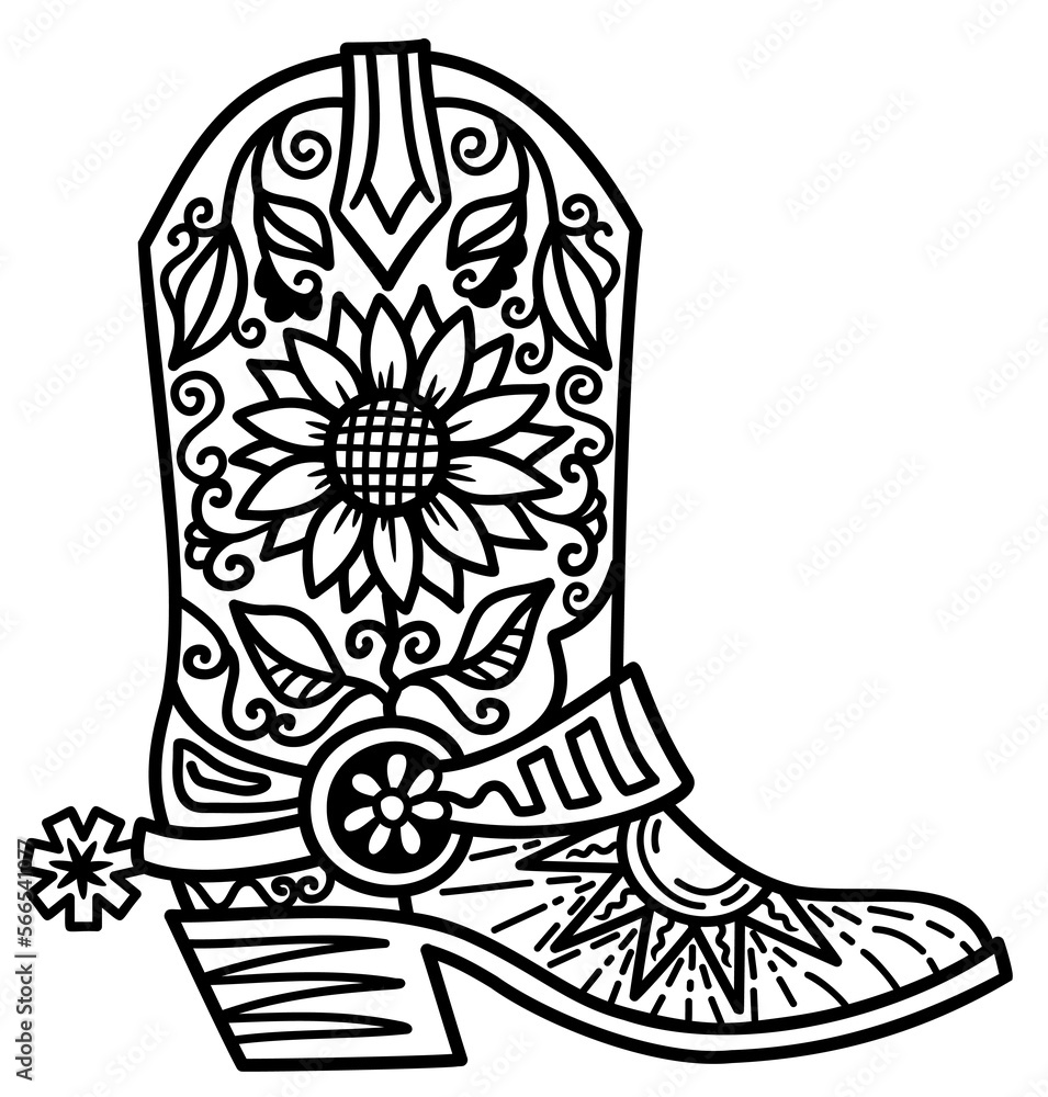 Cowboy boot floral decoration. Vector hand drawn illustration of Cowboy boot with sunflowers decor printable outline style design. Cowgirl boots.