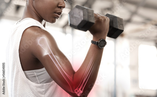 Bone hologram overlay, black woman athlete and weight training of a strong female athlete. Gym workout, strength exercise and arms muscle gain with red joint inflammation illustration with fitness photo
