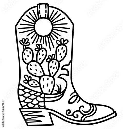 Cowboy boot cactus decoration. Vector hand drawn illustration of Cowboy boot with cactuses decor printable black outline style design. Cowgirl wild west boots.