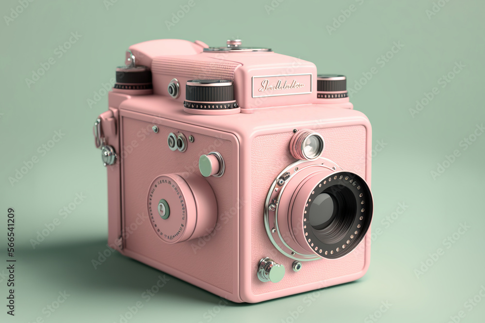 A vintage camera, 3D render style, pastel color. Generative AI illustration.