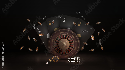 Casino Roulette wheel with black playing cards, dice and chips in dark scene