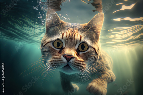 Cat swimming underwater, looking at camera. Save water together. Generative AI illustration.