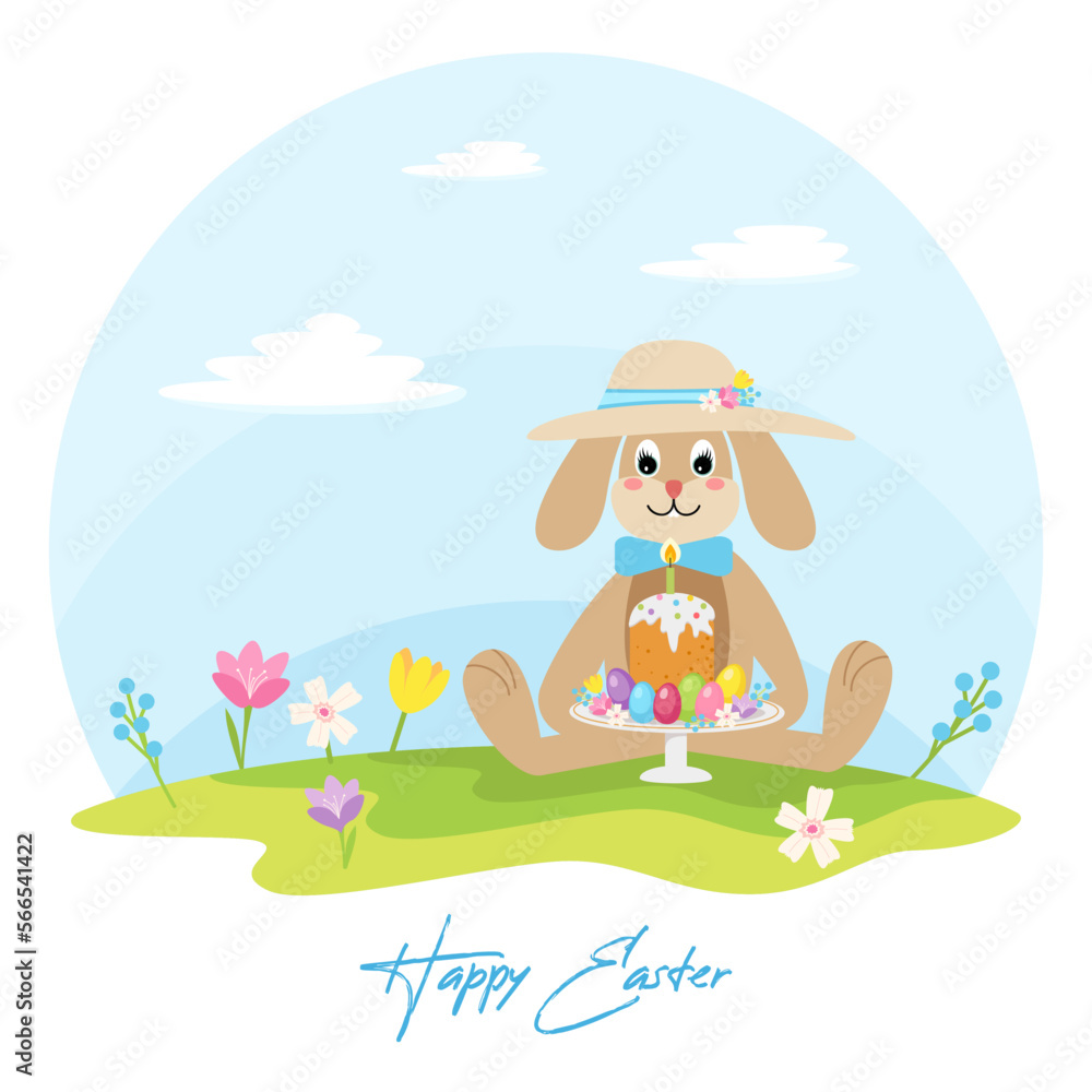 Easter Bunny cute cartoon character in a hat, sitting on the green grass with a flowers, holding color eggs and easter cake. Vector illustration in flat style Easter Bunny cute cartoon character in a hat, sitting on the green grass with a flowers, holding color eggs and easter cake. Vector illustration in flat style