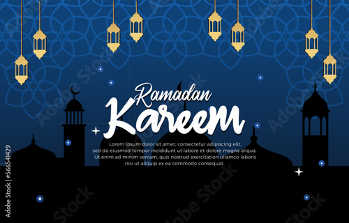 ramadan kareem illustration with beautiful islamic ornament and abstract gradient blue and black background design