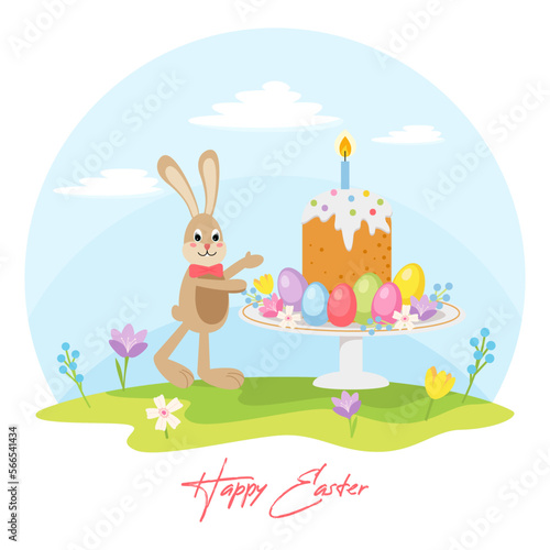 Easter Bunny cute cartoon character with a big easter cake, a flowers and eggs, on the green grass. Vector illustration in flat style