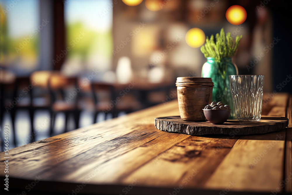 Image of wooden table in front of abstract blurred restaurant lights background. Generative AI