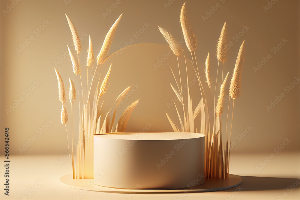 3d render of beige podium for product display with dry pampas grass