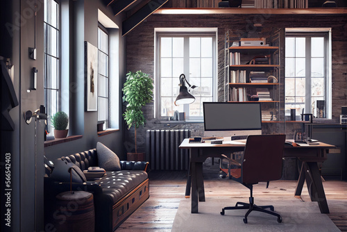 Modern loft office interior with furniture and daylight. Workplace and lifestyle concept. AI generative