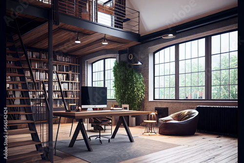 Interior of modern office with wooden walls, concrete floor, comfortable armchair and bookcase. AI generative