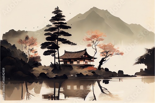 Japanese landscape painting. Genarative AI