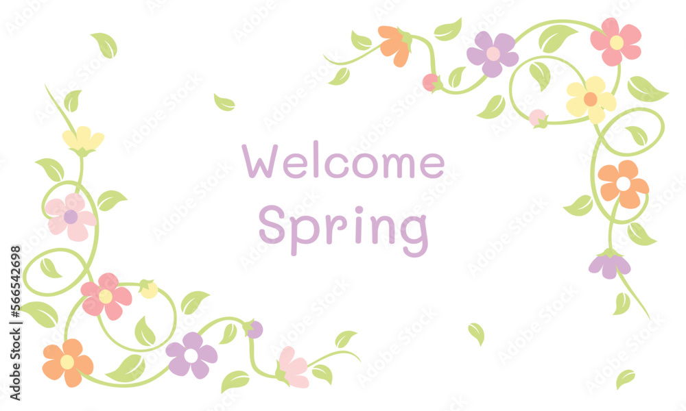 Welcome spring card with flowers and vine