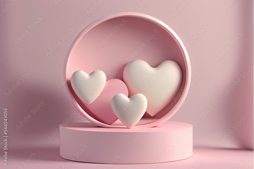 3d render of pink pedestal with hearts. Abstract background.