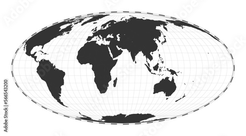 Vector world map. Equal-area  pseudocylindrical Mollweide projection. Plain world geographical map with latitude and longitude lines. Centered to 60deg W longitude. Vector illustration.