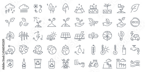 Big set of vector isolated line icons on the theme of ecology, climate, pollution and environmental conservation.