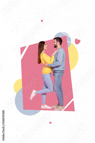 Vertical photo artwork poster collage of two young people hugs together harmony support trust romantic relationship isolated on painted background