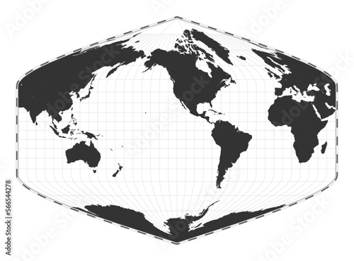 Vector world map. Baker Dinomic projection. Plain world geographical map with latitude and longitude lines. Centered to 120deg E longitude. Vector illustration.