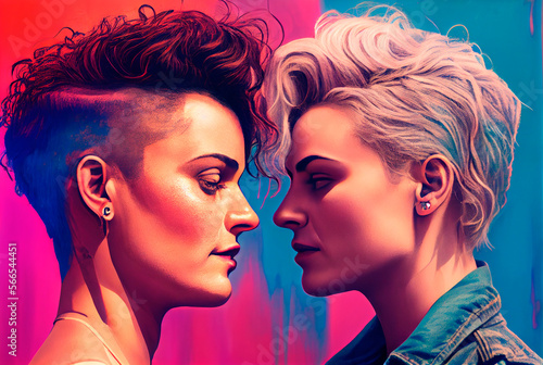 Generative AI illustration of an couple of young lesbian women, colorful scene