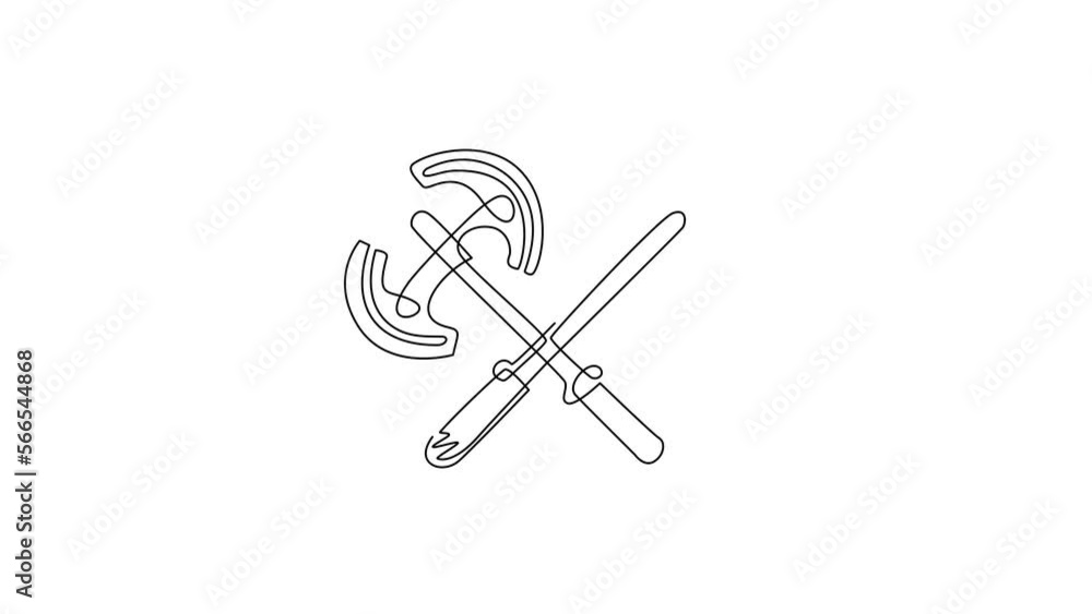 Animated self drawing of continuous line draw two crossed broad axe, medieval axe, battle axe, executioner axe. Element for woodworking or lumberjack emblem or icon. Full length one line animation Animated self drawing of continuous line draw two crossed broad axe, medieval axe, battle axe, executioner axe. Element for woodworking or lumberjack emblem or icon. Full length one line animation