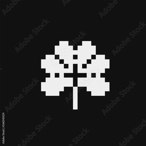 Shamrock emoji. Four leaf clover pixel art icon, green plant logo. Isolated vector illustration. Game assets 1-bit sprite. Design for stickers,  web, mobile app. St. Patrick's day symbols.