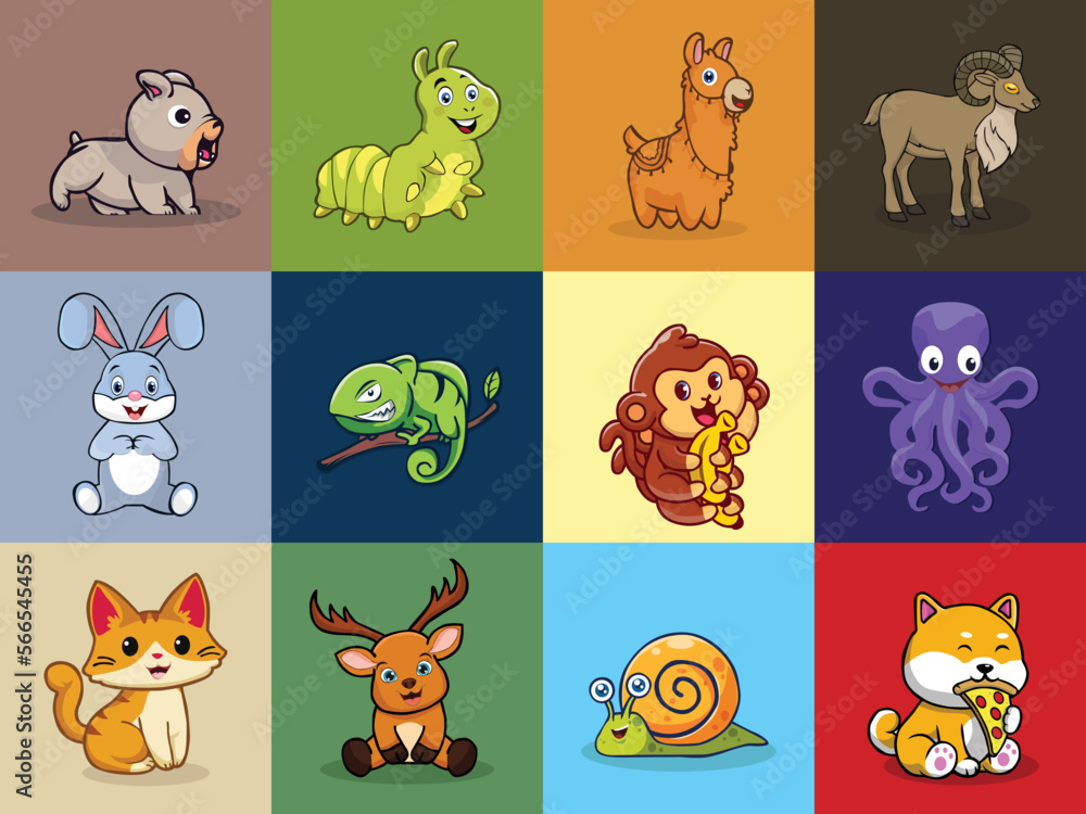 Obraz premium Collection of Cute Cartoon Animals Snail,Deer,Cat,Octopus,Monkey,Chameleon,Bunny,Urial,Ilama,Caterpillar,Bulldog, 