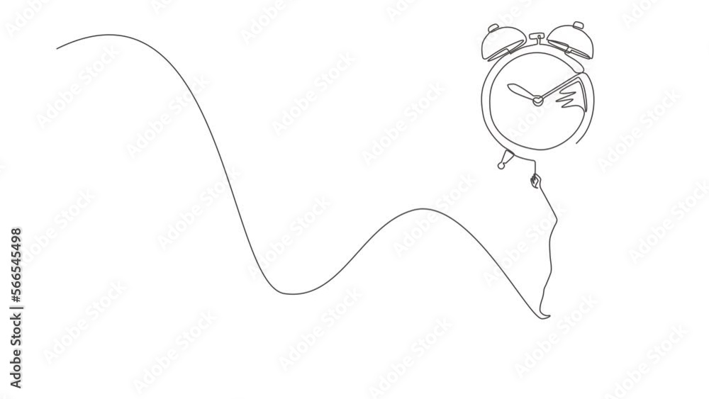 Self drawing animation of single line draw businesswoman, manager flying with big balloon alarm clock and hold rope. Time management business metaphor. Continuous line draw. Full length animated Self drawing animation of single line draw businesswoman, manager flying with big balloon alarm clock and hold rope. Time management business metaphor. Continuous line draw. Full length animated