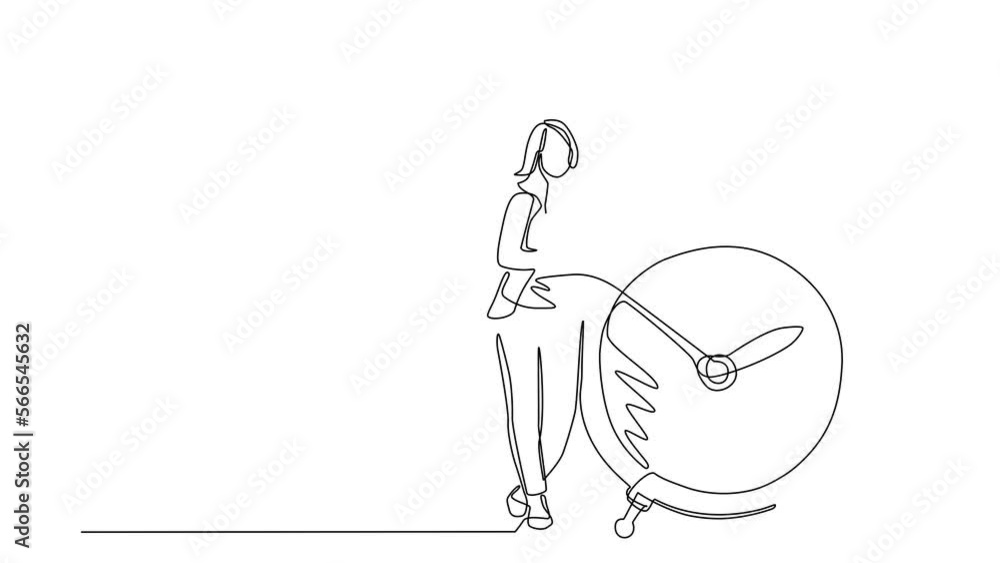 Animated self drawing of continuous line draw businesswoman, manager or employee stand and hugging big clock. Concept of time management. Time, watch, time to work. Full length one line animation Animated self drawing of continuous line draw businesswoman, manager or employee stand and hugging big clock. Concept of time management. Time, watch, time to work. Full length one line animation