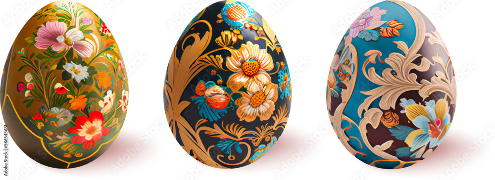 Set of realistic Easter eggs with floral tracery on a white background.The main symbols of the spring holiday. Vector Illustration. Set of realistic Easter eggs with floral tracery on a white background.The main symbols of the spring holiday. Vector Illustration.