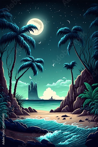 cartoon illustration, ocean beach with palm trees, trees and rocks in the water at night, generative AI