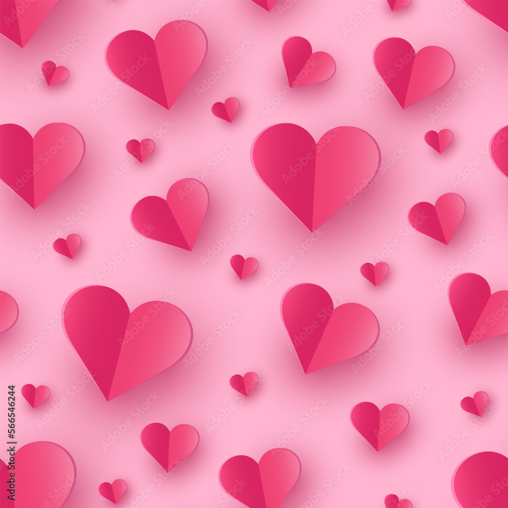 Paper elements in shape of heart on pink background. Concept of a seamless pattern for Valentine’s Day, Mother’s Day and Women’s Day. Vector illustration