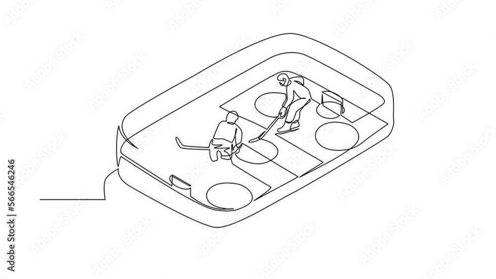 Animated self drawing of single continuous line draw ice hockey rink with two players on smartphone screen. Mobile ice hockey. Online team sport game competition. Full length one line animation Animated self drawing of single continuous line draw ice hockey rink with two players on smartphone screen. Mobile ice hockey. Online team sport game competition. Full length one line animation
