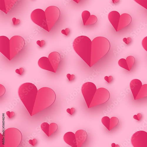 Paper elements in shape of heart on pink background. Concept of a seamless pattern for Valentine’s Day, Mother’s Day and Women’s Day. Vector illustration