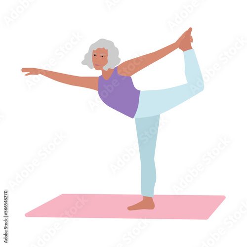 Senior woman doing yoga Standing Bow pose