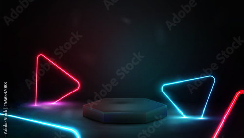 Empty black hexagon podium on background and neon blue and pink triangles around.