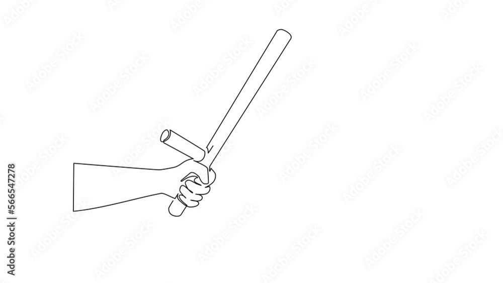 Self drawing animation of single line draw hand holding police bat. Policeman ammunition, security rubber baton. Black truncheon with handle. Guard weapon. Continuous line draw. Full length animated Self drawing animation of single line draw hand holding police bat. Policeman ammunition, security rubber baton. Black truncheon with handle. Guard weapon. Continuous line draw. Full length animated