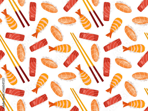 Seamless Japan food pattern. Fresh sushi set With Chopstick isolated on white background. Sushi with rice ball and shrimp, salmon, tuna. Repeated vector for wallpaper, textile, wrapping, scrapbooking