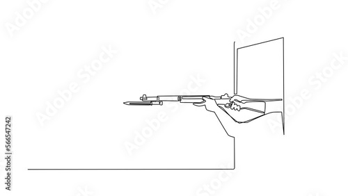 Animated self drawing of continuous line draw hand holding rifle with attached bayonet through mobile phone. Concept of warfare games, e-sport, app for smartphones. Full length one line animation photo
