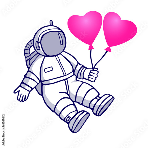 
Astronaut in love congratulates with heart-shaped balloons. Vector isolated cartoon illustration isolated on white background.