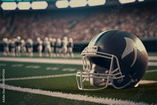 Close up view of american football helmet.Blurred football players background.Super bowl.Created with generative ai