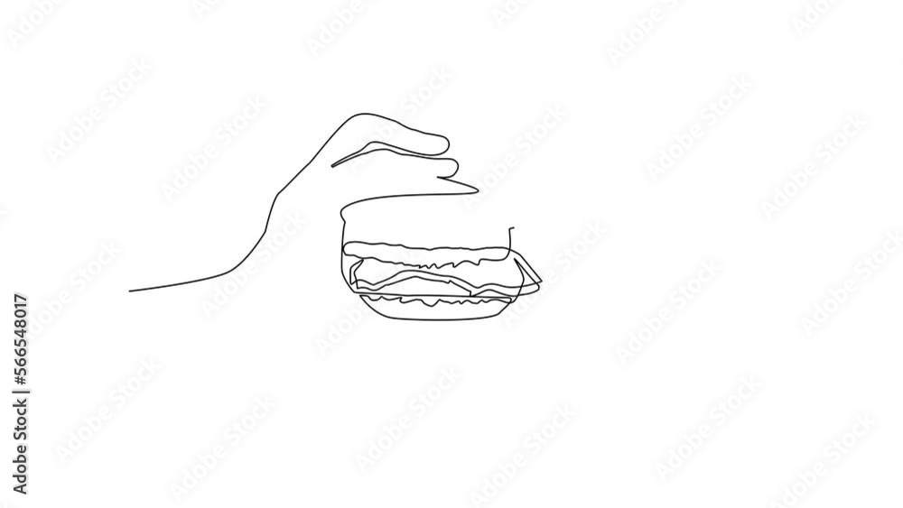 Animated self drawing of continuous line draw hand holding burger. Hamburger. Fast food. Cutlet with vegetables in bun with sesame seeds. Hand holding hamburger. Full length one line animation Animated self drawing of continuous line draw hand holding burger. Hamburger. Fast food. Cutlet with vegetables in bun with sesame seeds. Hand holding hamburger. Full length one line animation
