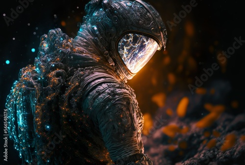 Firefly bacteria ghostly glow armor spacesuit on the surface of Europa. generative ai © Artistic