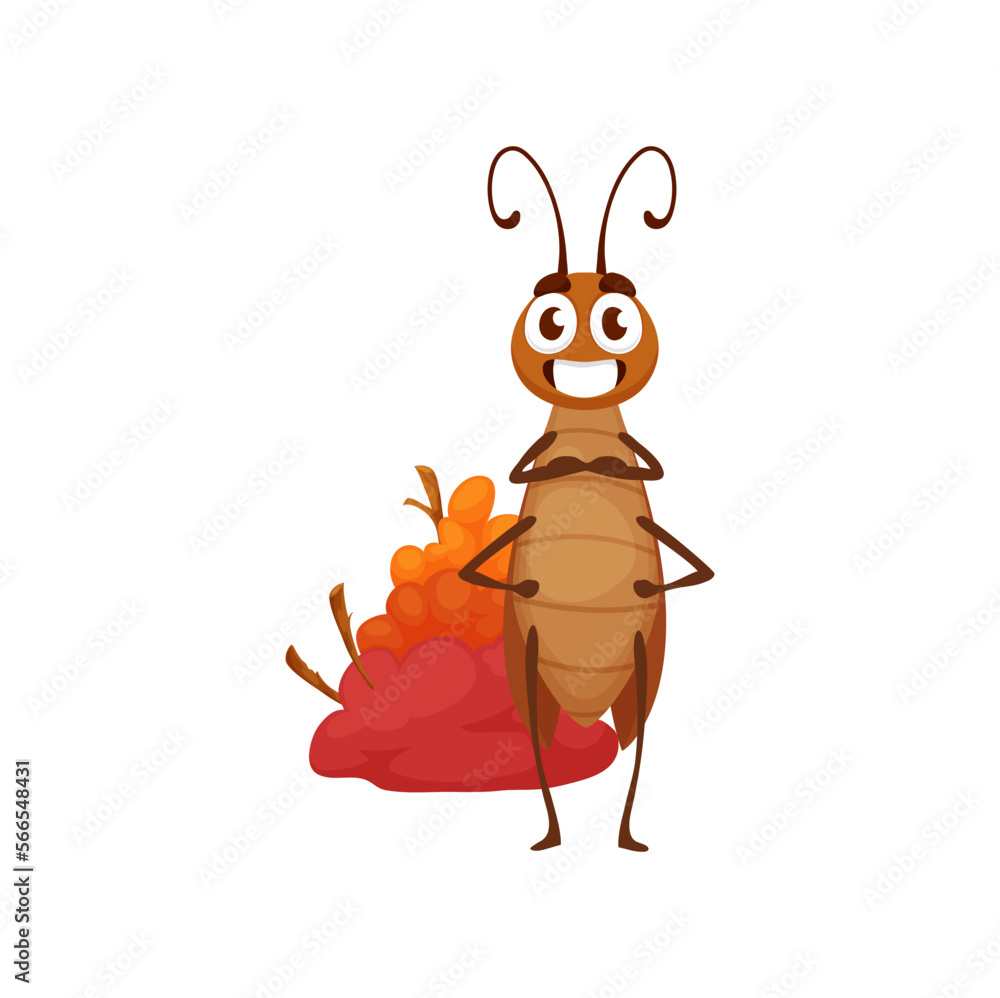 Fototapeta premium Cartoon cockroach character with cute face. Isolated vector funny pest, insect game or book personage with wide toothy smile