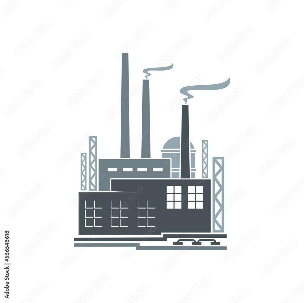 Obraz premium Factory icon, industrial plant monochrome symbol or sign. Refinery industrial building, manufacturing, heavy industry monochrome vector symbol or minimal icon with factory or plant pipeline, chimney