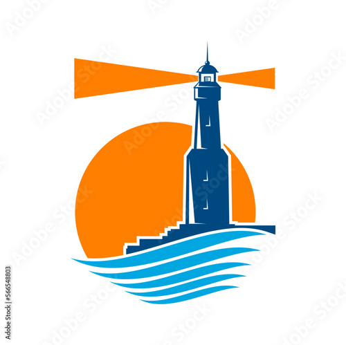 Lighthouse tower in sea round icon. Company emblem, nautical navigation and sailing safety vector symbol or graphic sign with lighthouse tower building on shore, light beam, sun disc and water waves