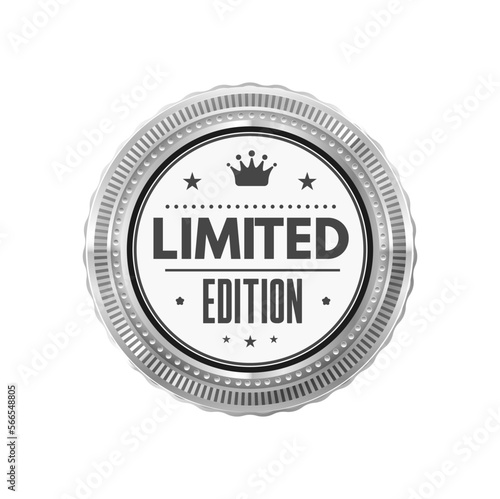 Limited edition product silver badge and label. Original product authenticity guarantee silver sticker or seal, warranty platinum vector tag or badge. Quality certificate, limited edition metal label
