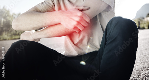 Hands, pain or man with arm injury on road after fall, accident or exercise workout outdoors. Sports, fitness or male with elbow fibromyalgia, arthritis or inflammation, broken bones or painful joint