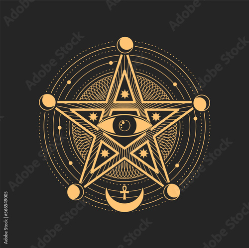 Esoteric occult symbol, magic tarot card vector sign. Eye of Providence inside of circle with pentagram star, crescent, moon and stars around. Spiritual mason or illuminati symbolic, amulet