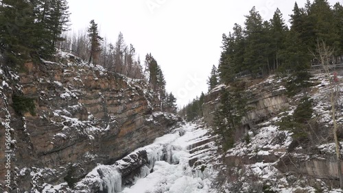 Frozen waterfall in snowy landscape in southern alberta canada Watertown national park during with winter photo