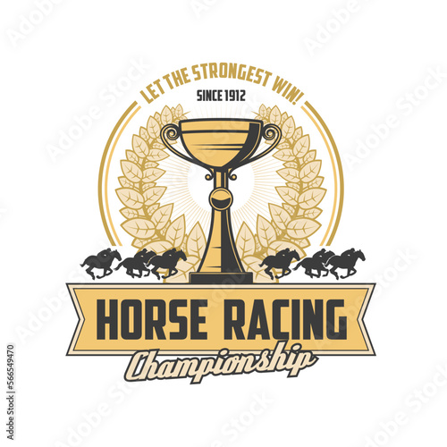 Horse racing retro icon, vector silhouettes of horses and jockeys with equestrian sport competition trophy. Racehorse derby tournament gold winner cup with heraldic laurel wreath and race horses