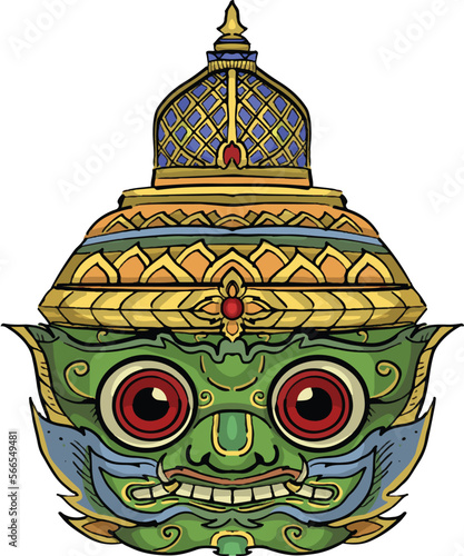 The Tossakan or Thotsakan or Ravana mask crown and dress in Ramakien or Ramayana Mahabharata literature draw in funny cartoon vector