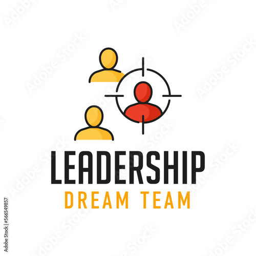 Business leadership, team management and success outline icon. Company staff and worker achievement, business team management, teambuilding pictogram, vector sign with sight crosshair on person icon